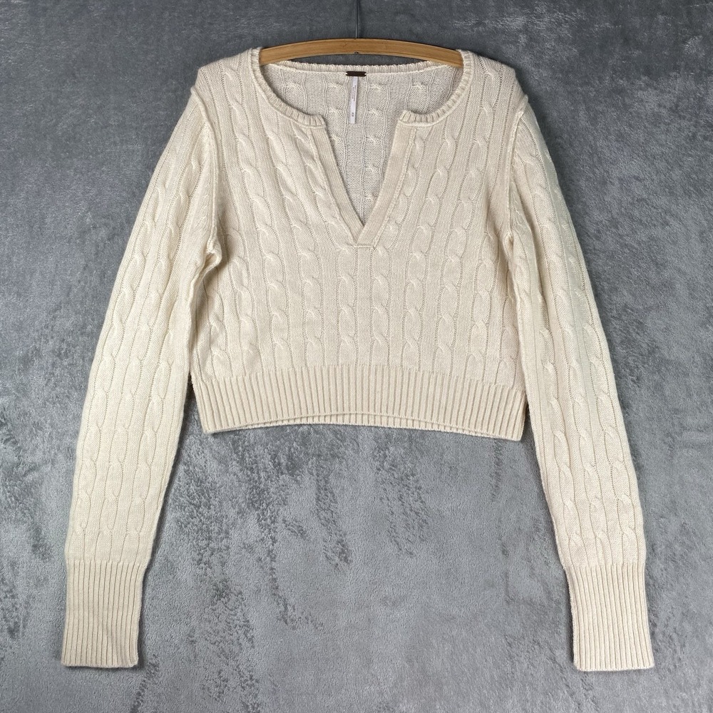 Free People Sweater Womens Size M Cream Sennen Crop Cashmere Cable Knit Pullover